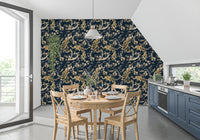 A rich teal base highlights this Gold Peacock Wallpaper beautifully for a dining area