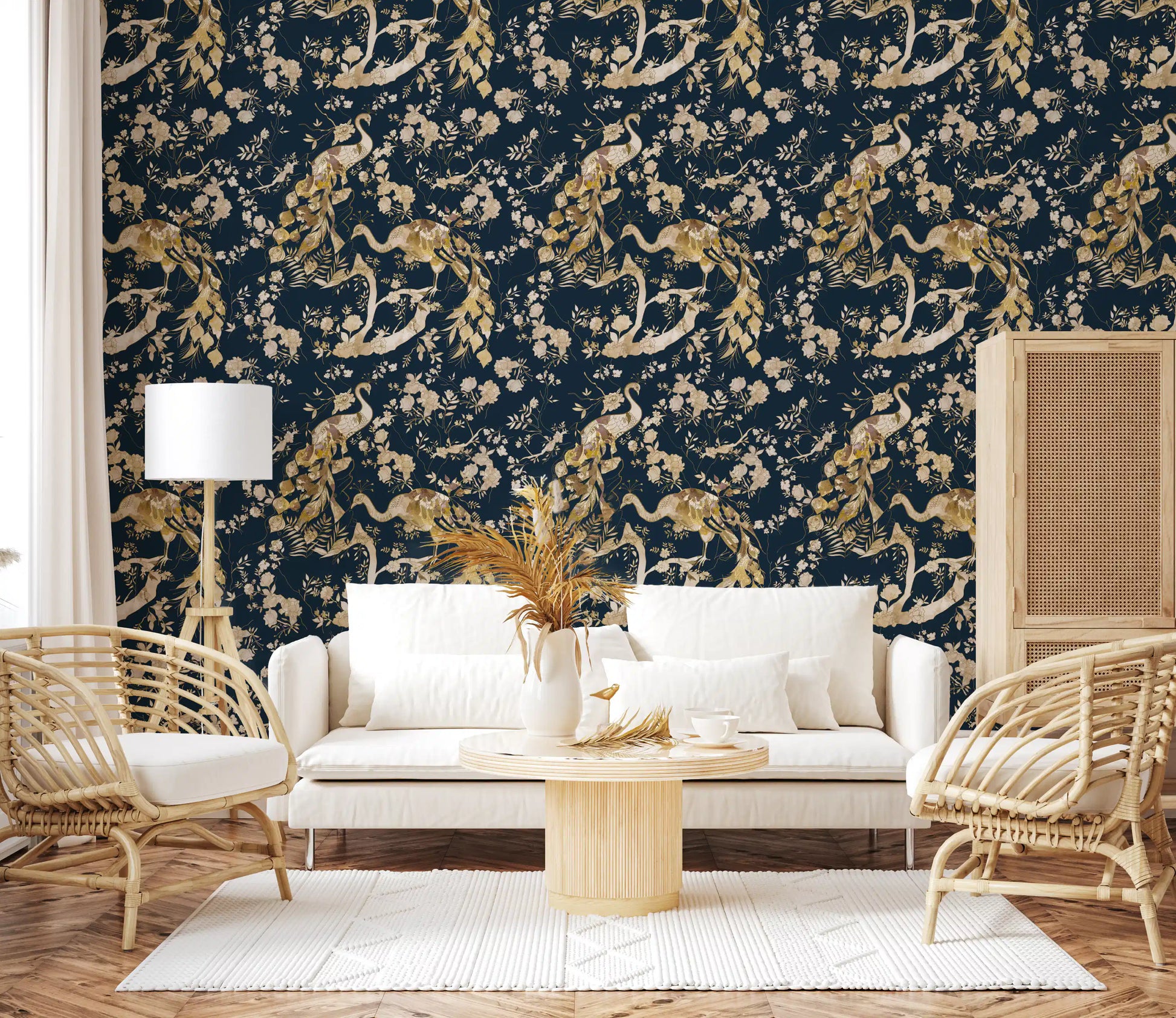 Soft botanical detail appears across this Peacock Pattern Wallpaper
