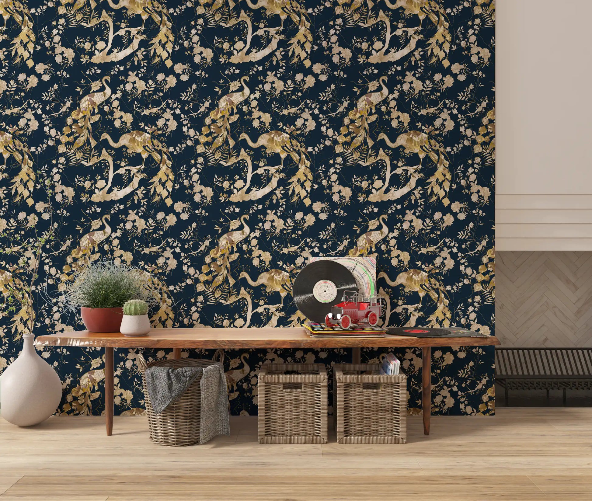 Decorative branches define this Vintage Peacock Wallpaper design