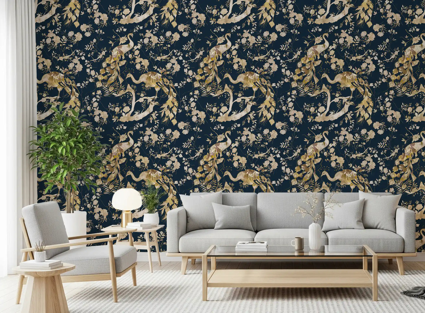 A graceful pattern of birds and blooms forms this Gold Bird Wallpaper