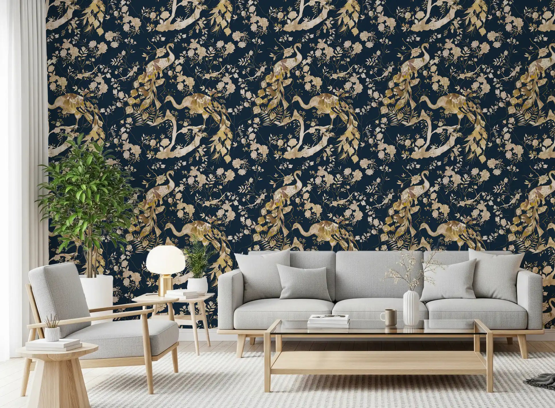 A graceful pattern of birds and blooms forms this Gold Bird Wallpaper