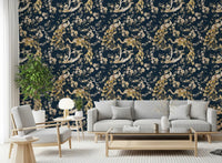 A graceful pattern of birds and blooms forms this Gold Bird Wallpaper