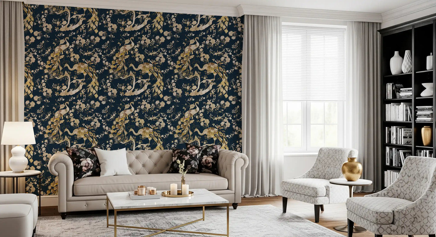 Detailed florals and birds enrich this Teal Botanical Wallpaper surface