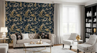 Detailed florals and birds enrich this Teal Botanical Wallpaper surface