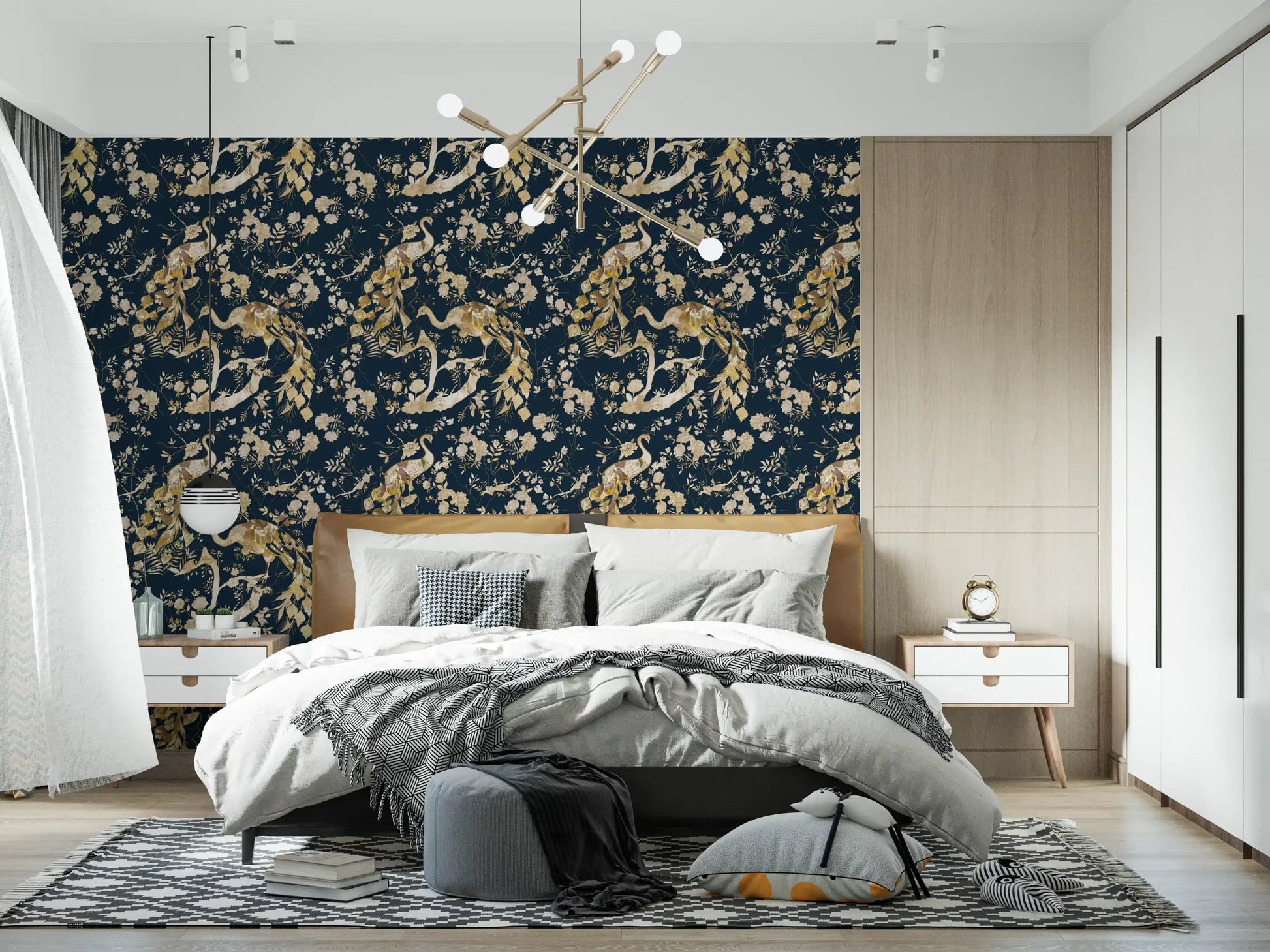 Bedroom area Classic linework shapes this Teal Gold Wallpaper with vintage character