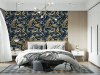 Bedroom area Classic linework shapes this Teal Gold Wallpaper with vintage character