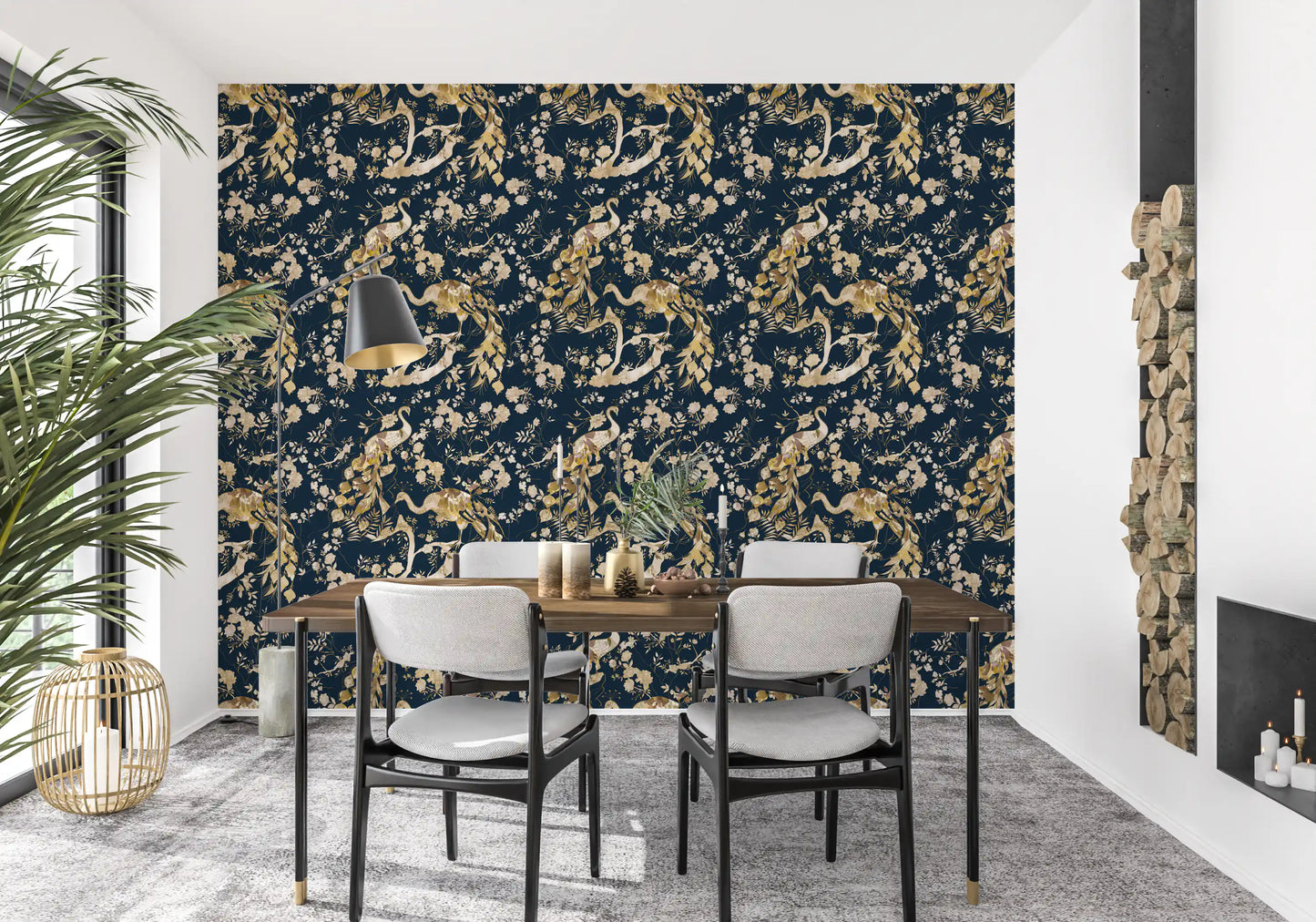 Fine blossoms surround the birds in this Peacock Floral Wallpaper