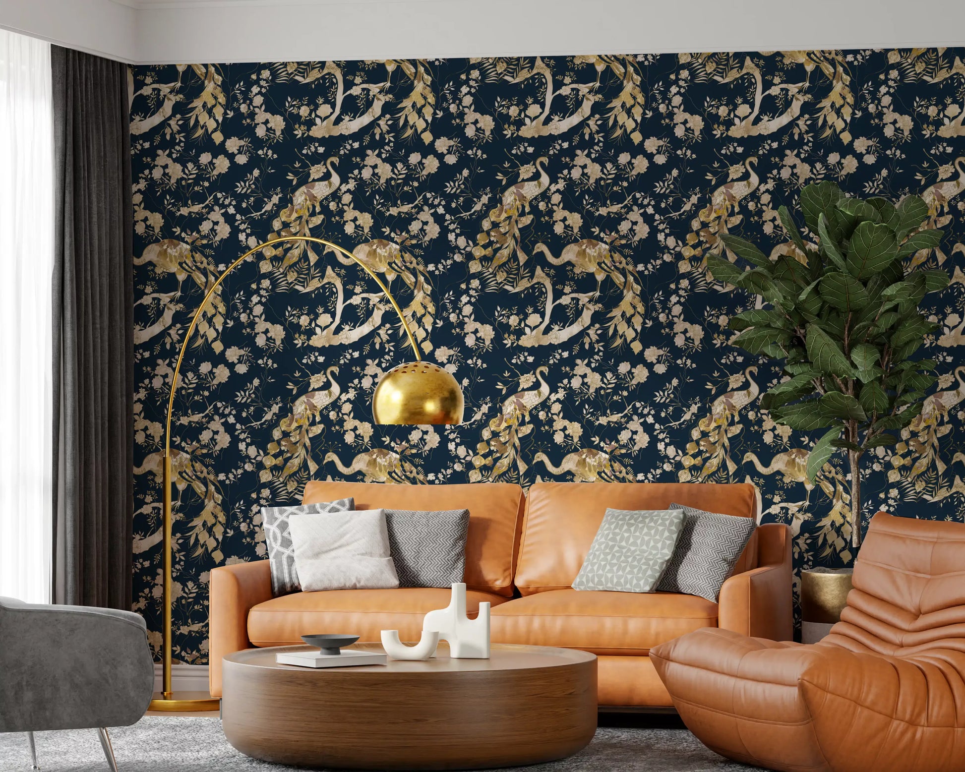 Delicate bird artwork gives this Teal Floral Wallpaper a refined finish for a office