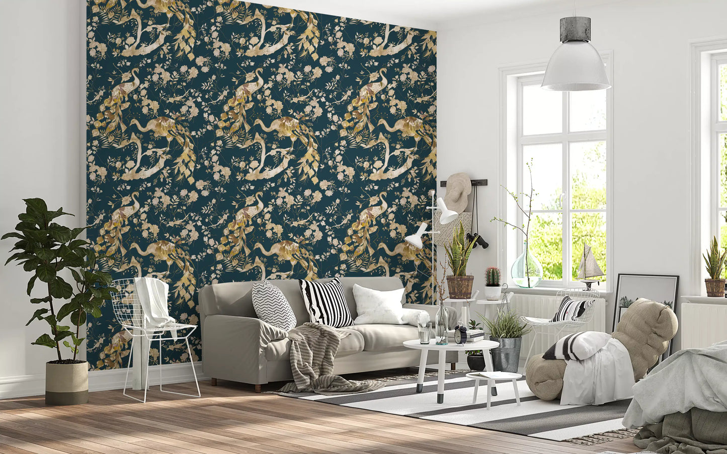 Hallway styled in dark navy bird wallpaper with soft botanical accents