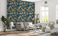 Hallway styled in dark navy bird wallpaper with soft botanical accents
