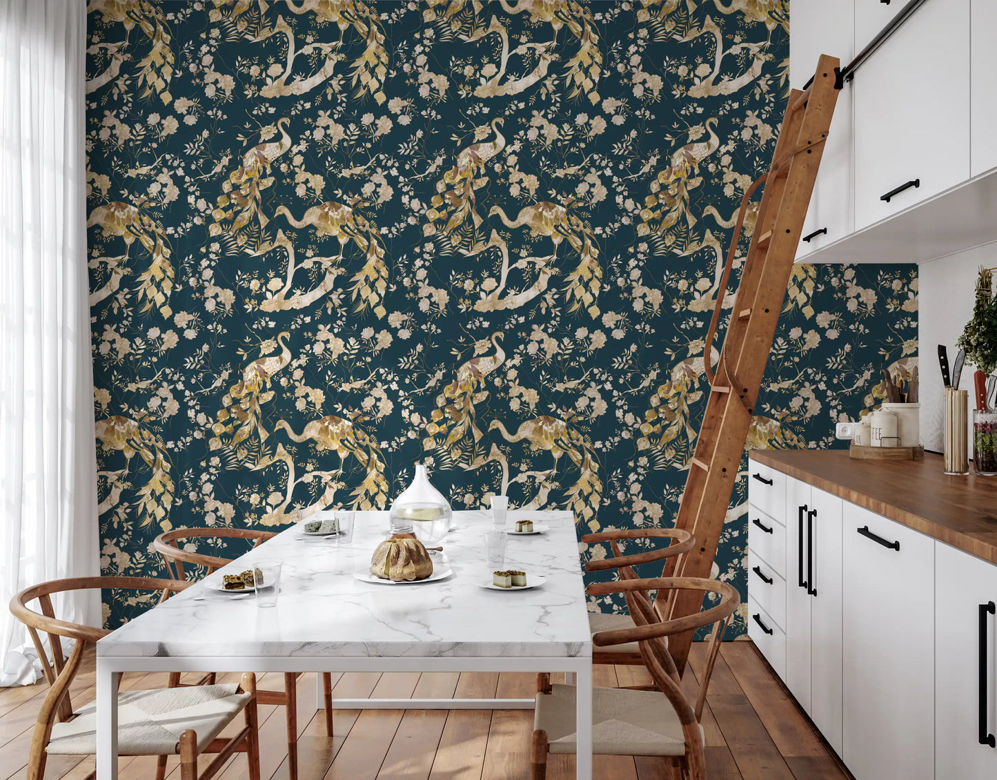 Soft cream detailing brightens this Dark Navy Bird Wallpaper pattern