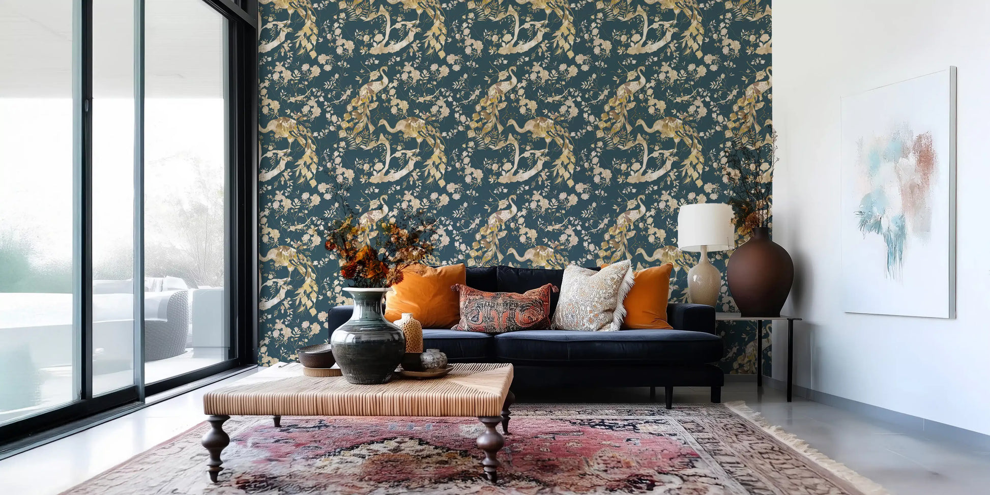Botanical bird wallpaper in navy tones with light floral tracery