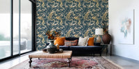 Botanical bird wallpaper in navy tones with light floral tracery