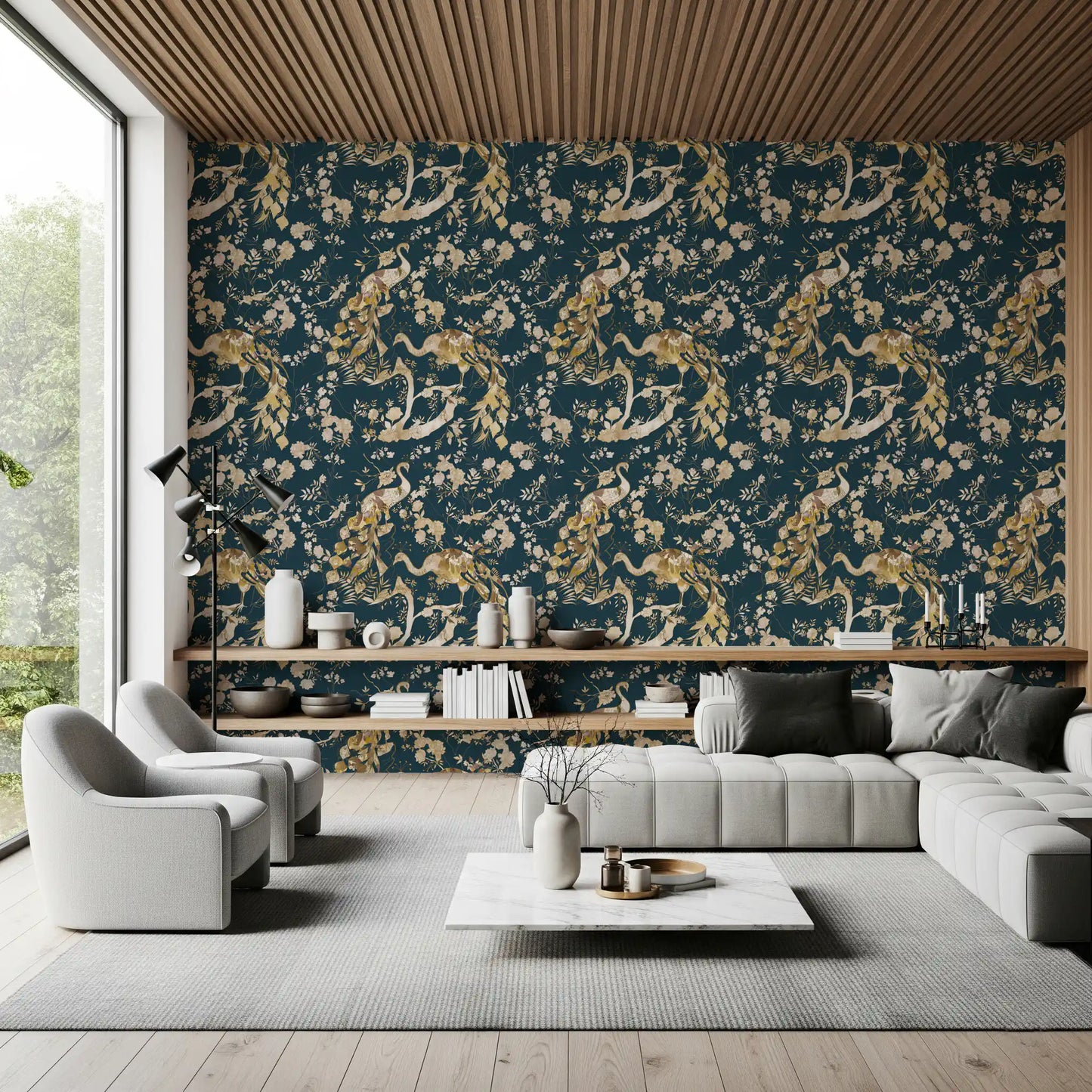 Living room finished with Dark Navy Bird Wallpaper and pale floral motifs