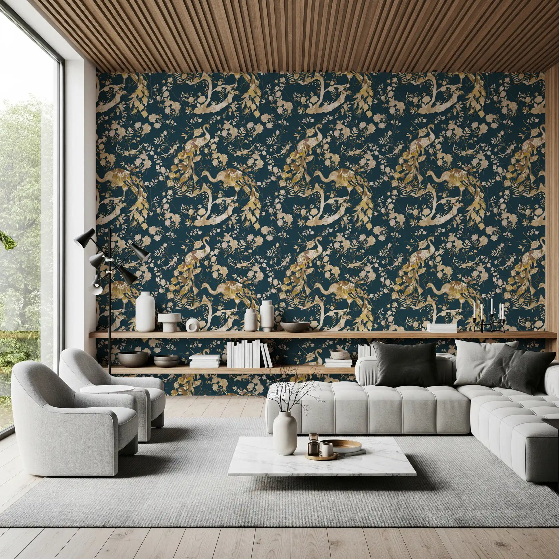 Living room finished with Dark Navy Bird Wallpaper and pale floral motifs