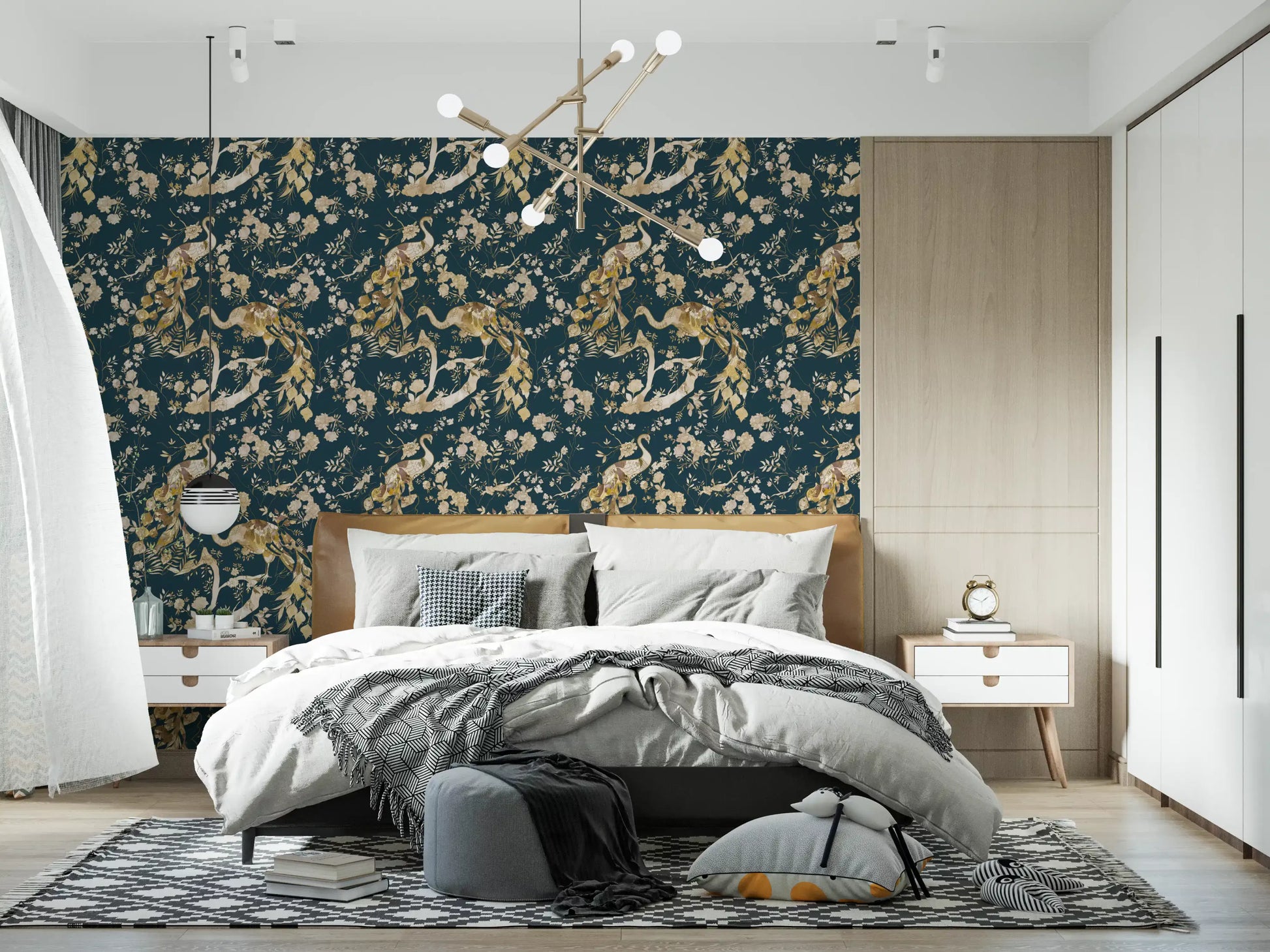 Graceful birds and floral sprigs shape this dark navy wallpaper design