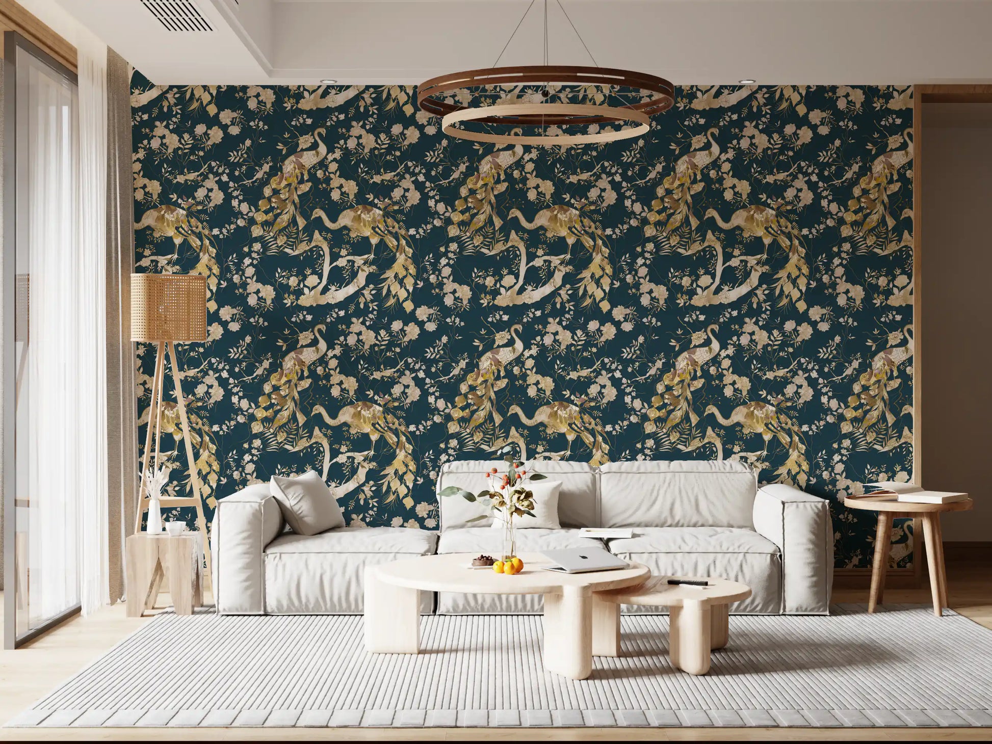 A rich navy base defines this bird wallpaper with scattered cream blossoms