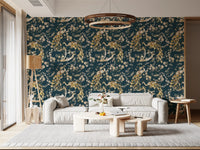 A rich navy base defines this bird wallpaper with scattered cream blossoms