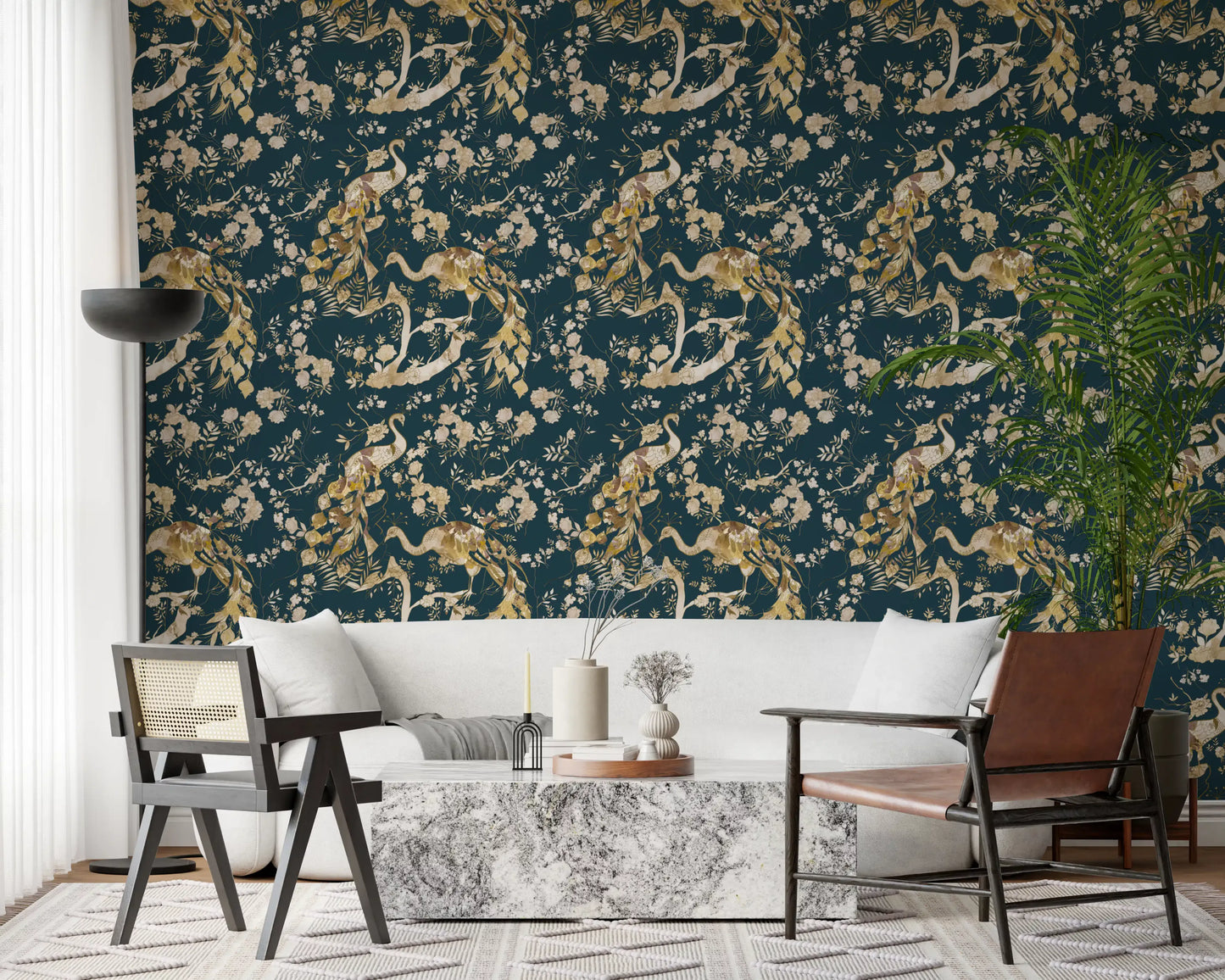 Navy floral bird wallpaper with flowing branches and refined linework