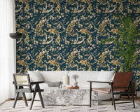 Navy floral bird wallpaper with flowing branches and refined linework