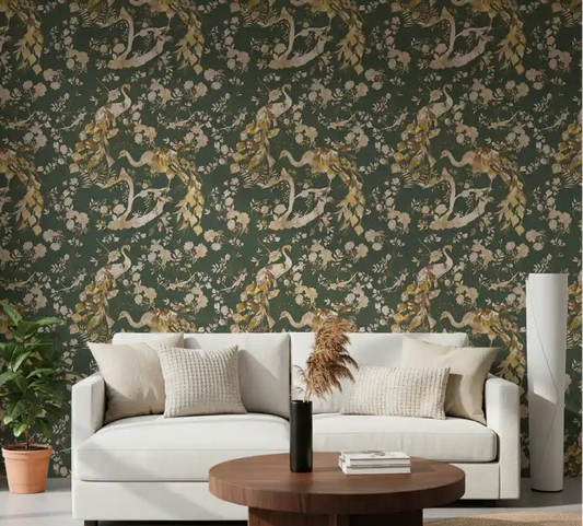 Home office with Olive Green Peacock Wallpaper and vintage floral detailing
