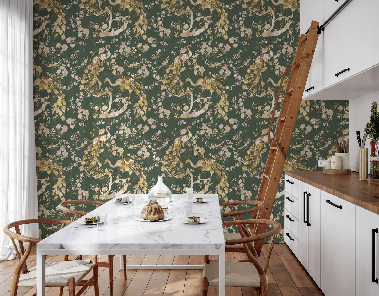 Vintage peacock wallpaper layered with florals on an olive green base