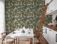Vintage peacock wallpaper layered with florals on an olive green base