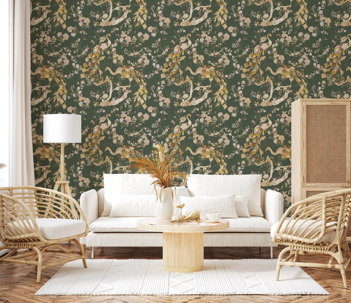 Peacock floral wallpaper with cream blossoms and muted green background