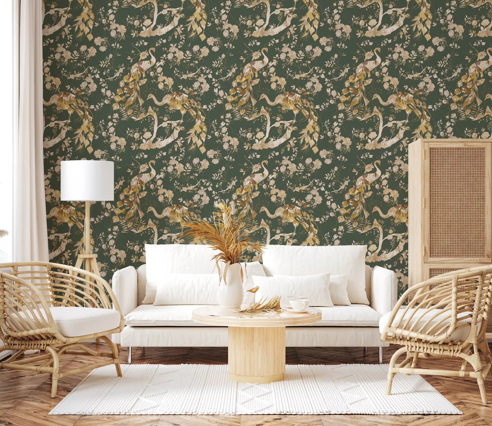 Peacock floral wallpaper with cream blossoms and muted green background