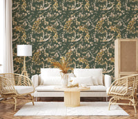 Peacock floral wallpaper with cream blossoms and muted green background
