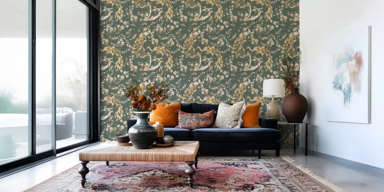 Olive Green Vintage Peacock Wallpaper⁠