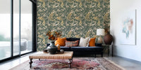Hallway styled in Vintage Peacock Wallpaper with olive botanical artwork