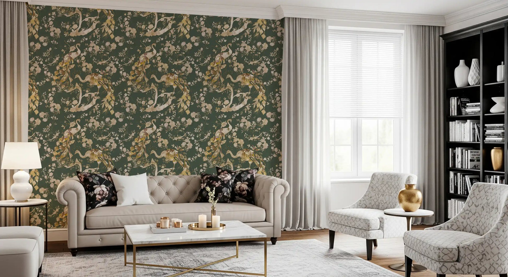 Living room shows Olive Peacock Wallpaper with classic bird pattern