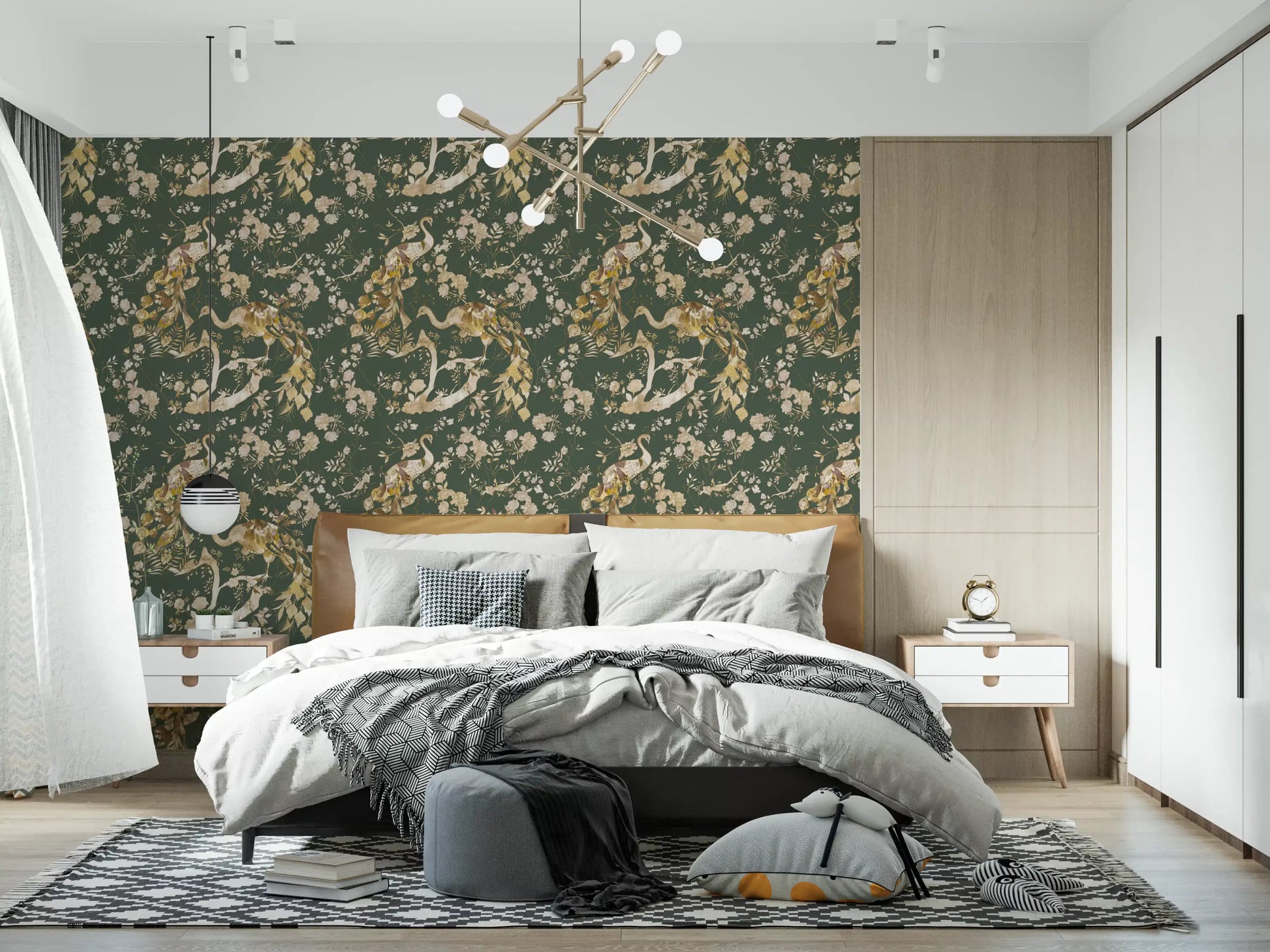 Bedroom finished with Peacock Floral Wallpaper in muted green tones