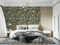 Bedroom finished with Peacock Floral Wallpaper in muted green tones