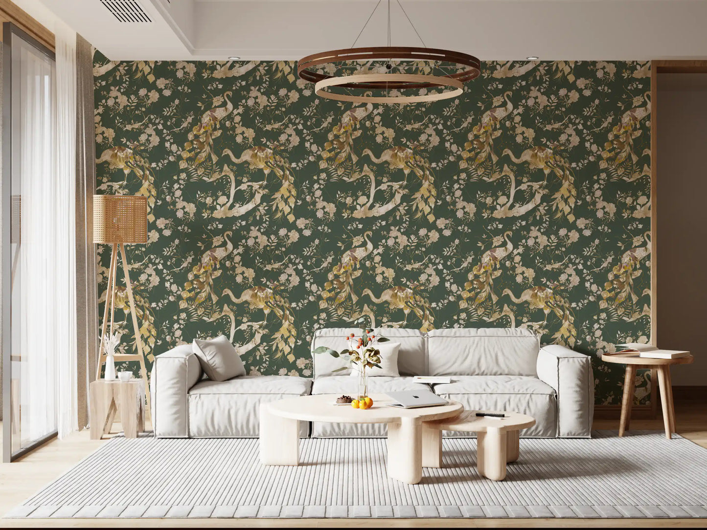 Fine bird illustration shapes this olive green wallpaper with heritage detail