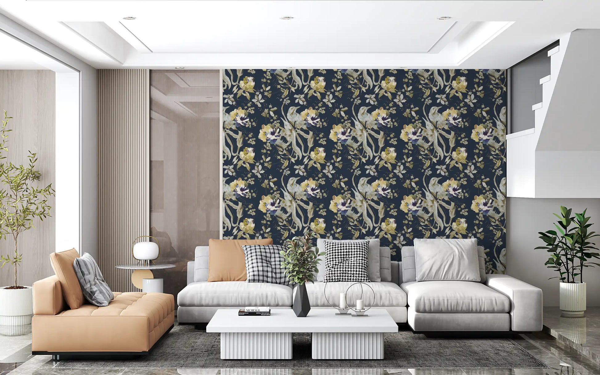 Living room using Cream Bird Wallpaper with delicate blossom artwork