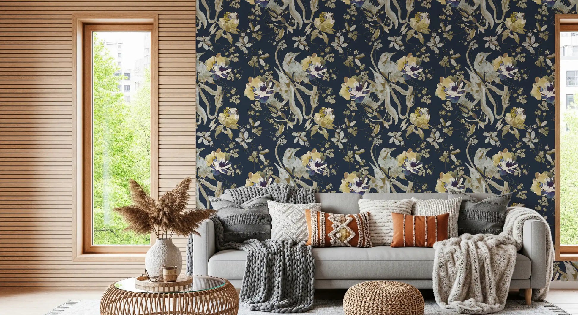 Gentle bird artwork defines this cream blossom wallpaper with vintage appeal