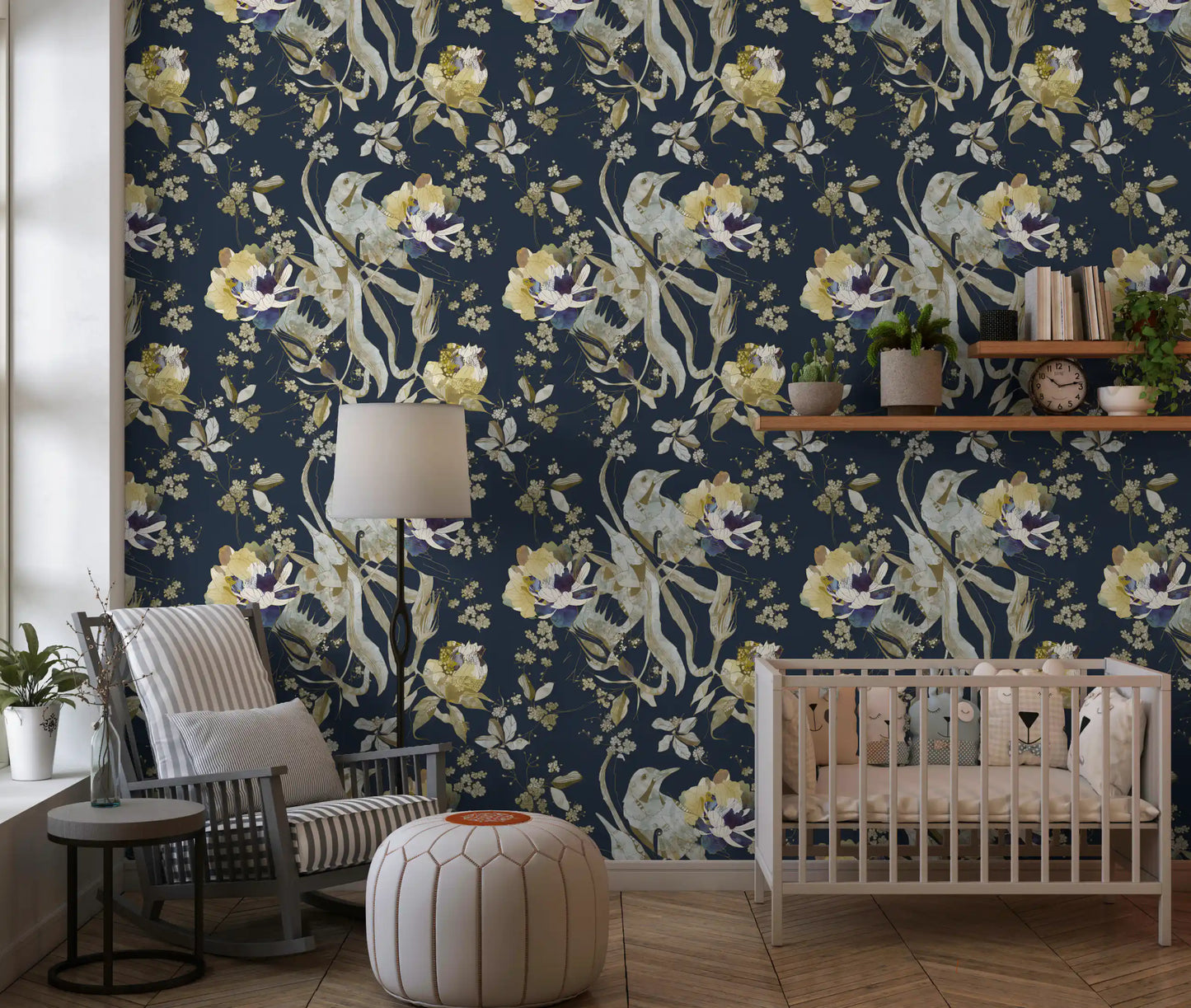Cream floral bird wallpaper with fine blossoms and classic patterned styling