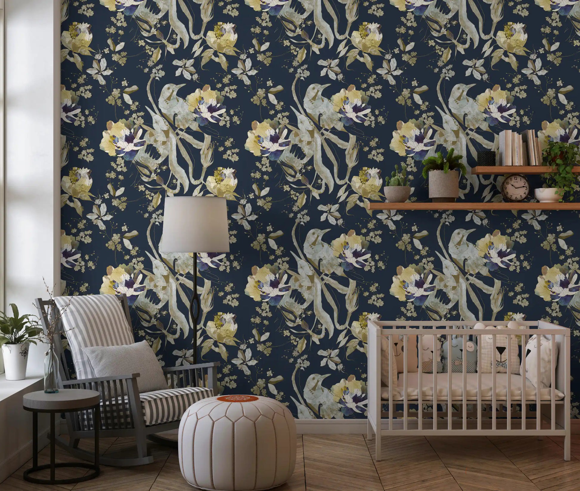 Cream floral bird wallpaper with fine blossoms and classic patterned styling