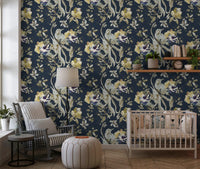 Cream floral bird wallpaper with fine blossoms and classic patterned styling