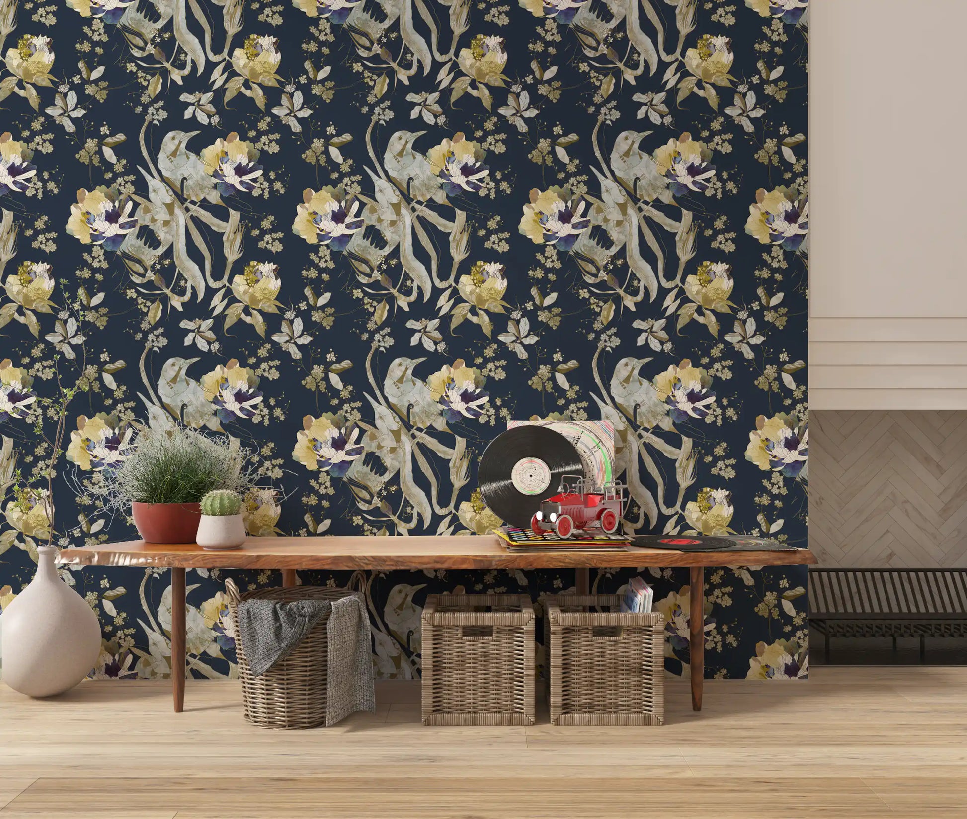 Antique Cream Bird & Blossom Wallpaper with floral sprigs and bird motifs