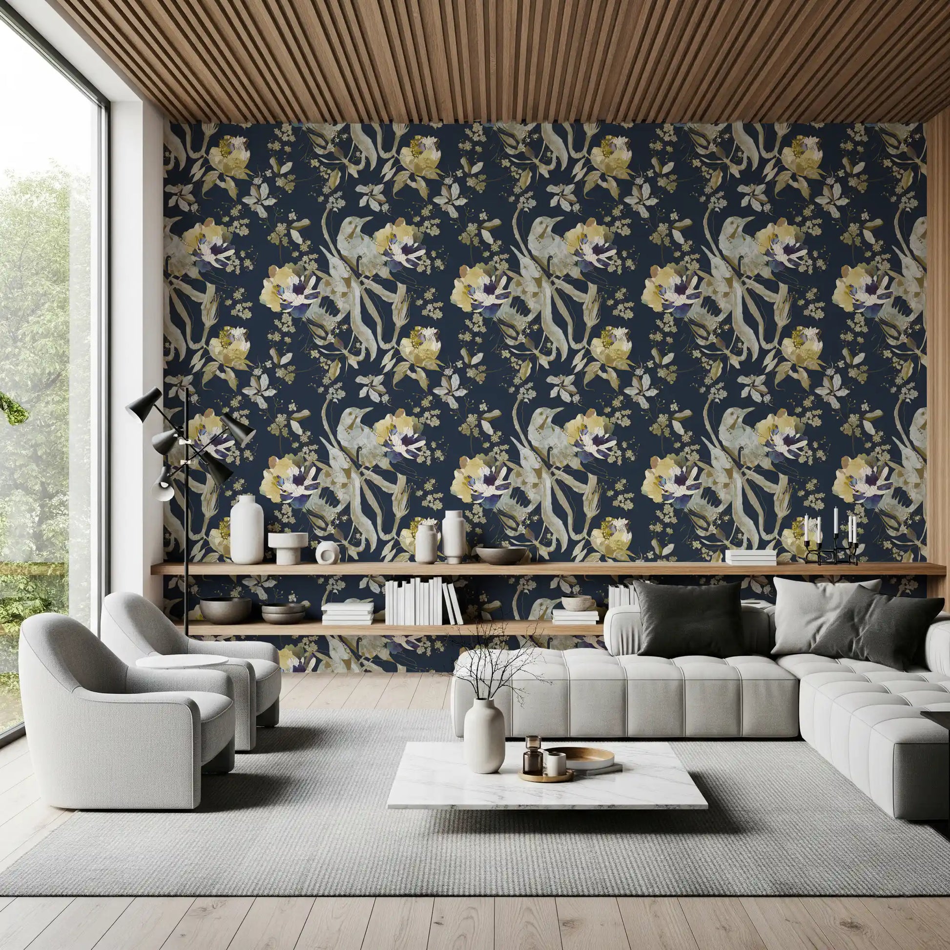 Bird blossom wallpaper showing antique cream tones and layered floral detail
