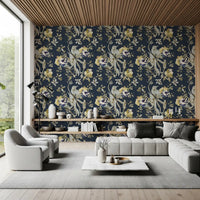 Bird blossom wallpaper showing antique cream tones and layered floral detail