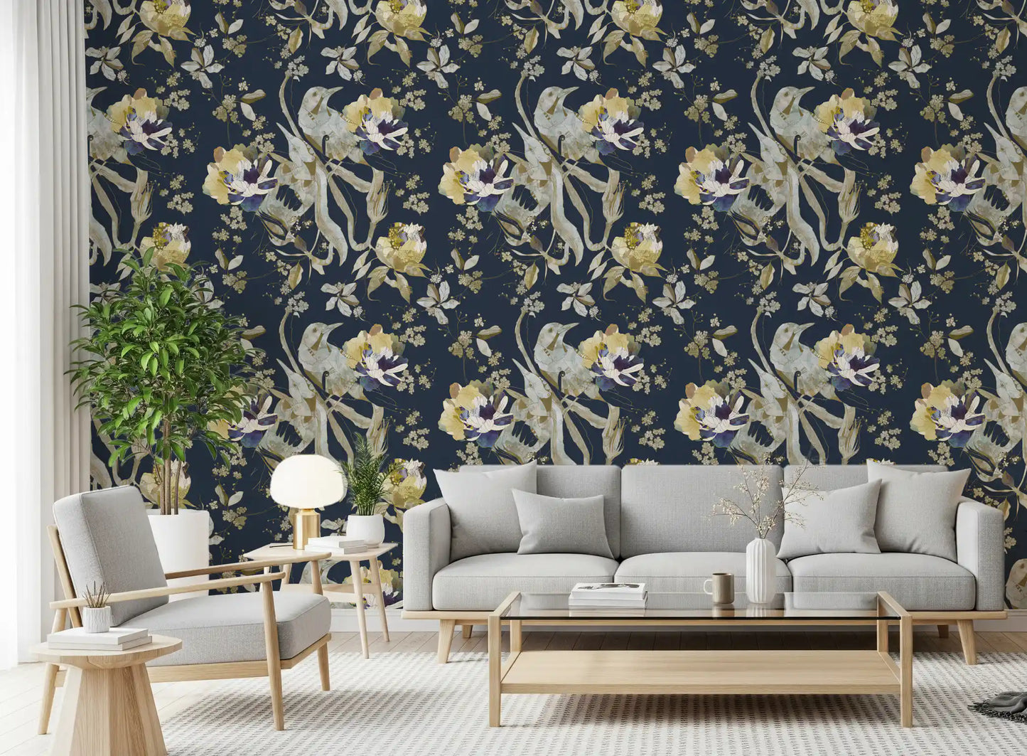 Living room finished in Bird and Blossom Wallpaper with antique cream tones