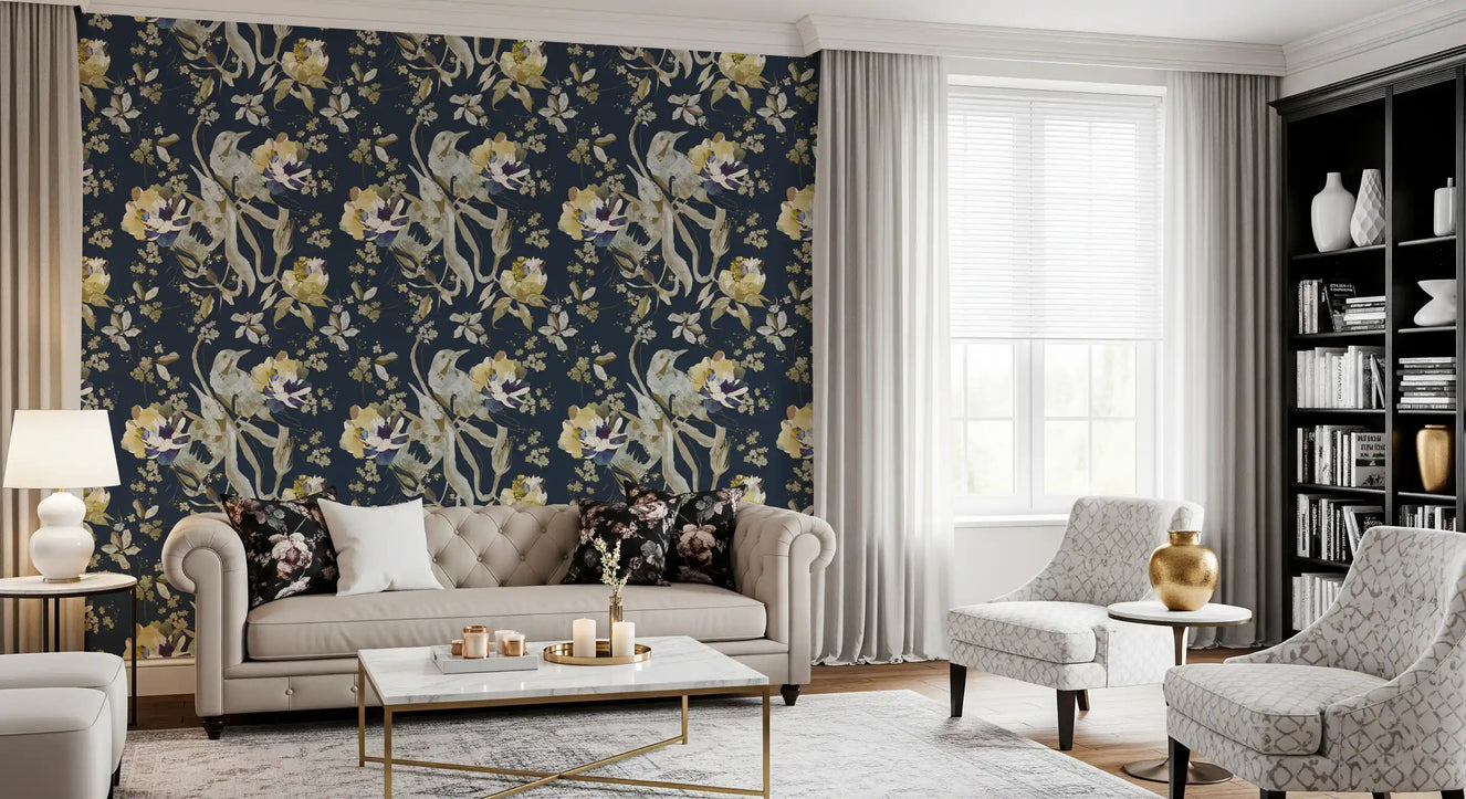 Living room styled in Bird Blossom Wallpaper with a muted cream background