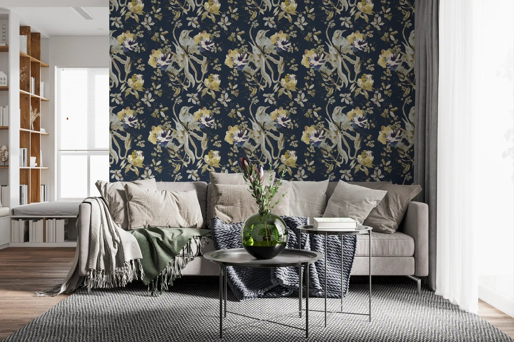 Hallway featuring Antique Cream Wallpaper with birds and floral branches