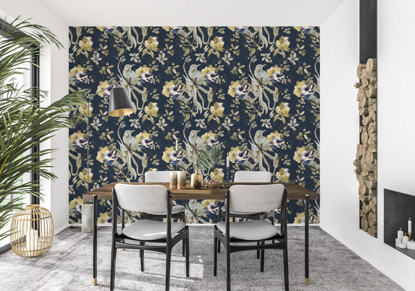 A calm palette shapes this antique bird wallpaper with soft botanical lines