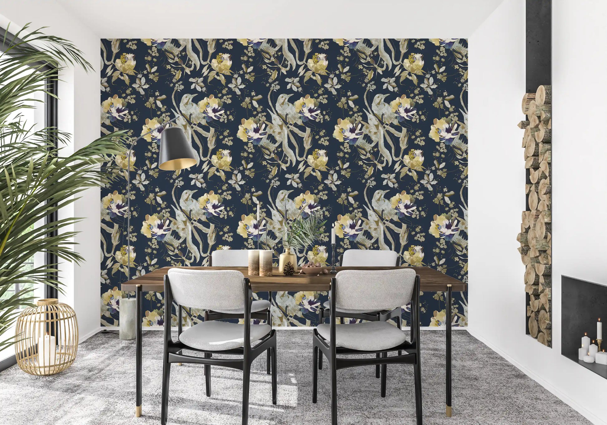A calm palette shapes this antique bird wallpaper with soft botanical lines