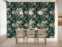 Dining room showing Bird Floral Wallpaper on a rich navy background